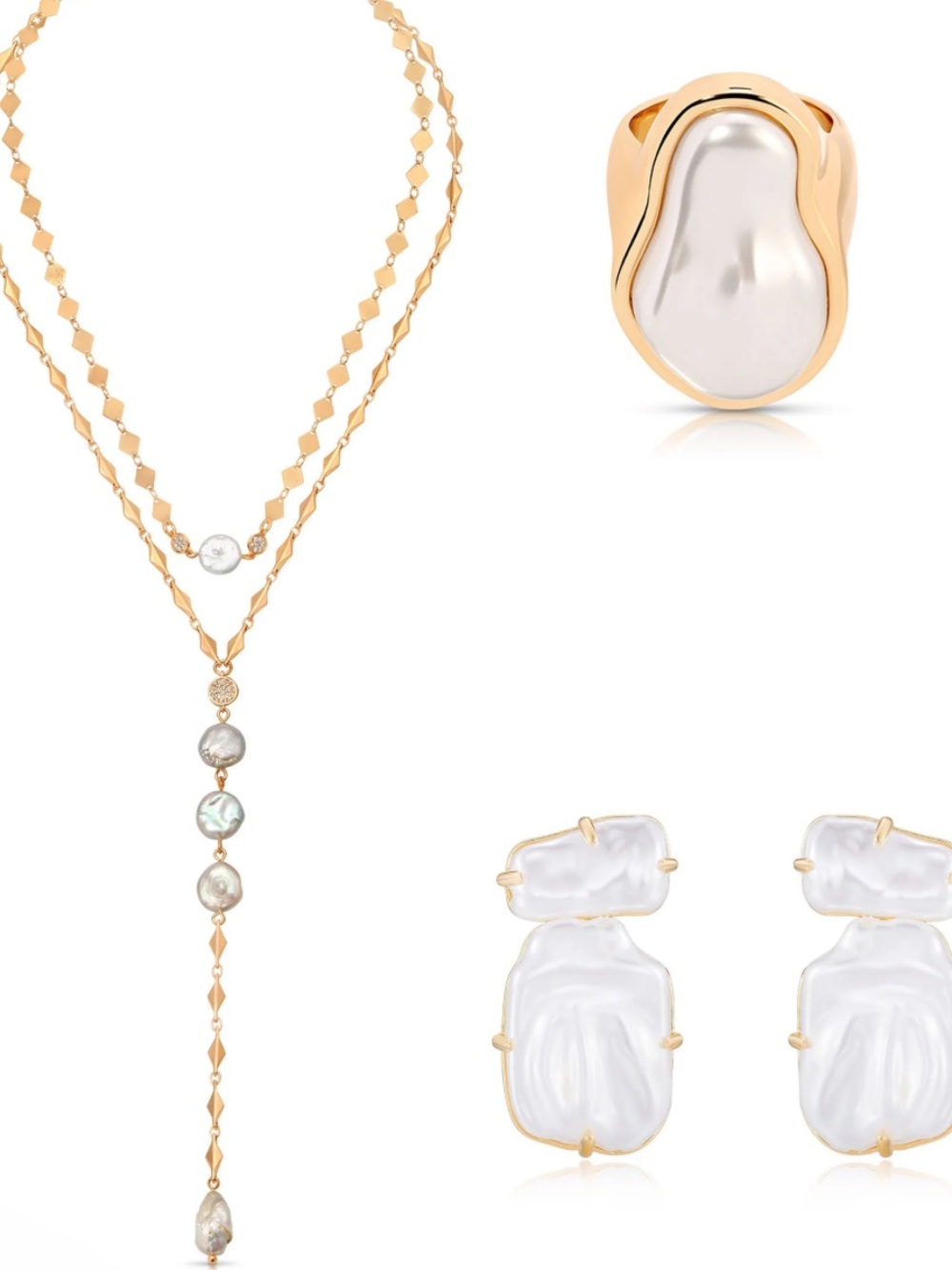 ettika Gold-Tone Layered Necklace & White Baroque Pearl Earrings Set - Picture 5 of 5